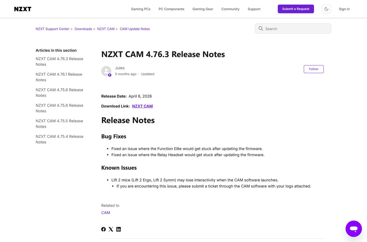 NZXT support article with the 4.76.3 release notes for CAM