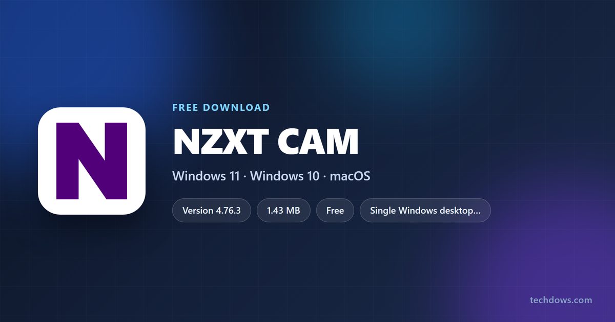 NZXT CAM logo with price, supported Windows versions and file size