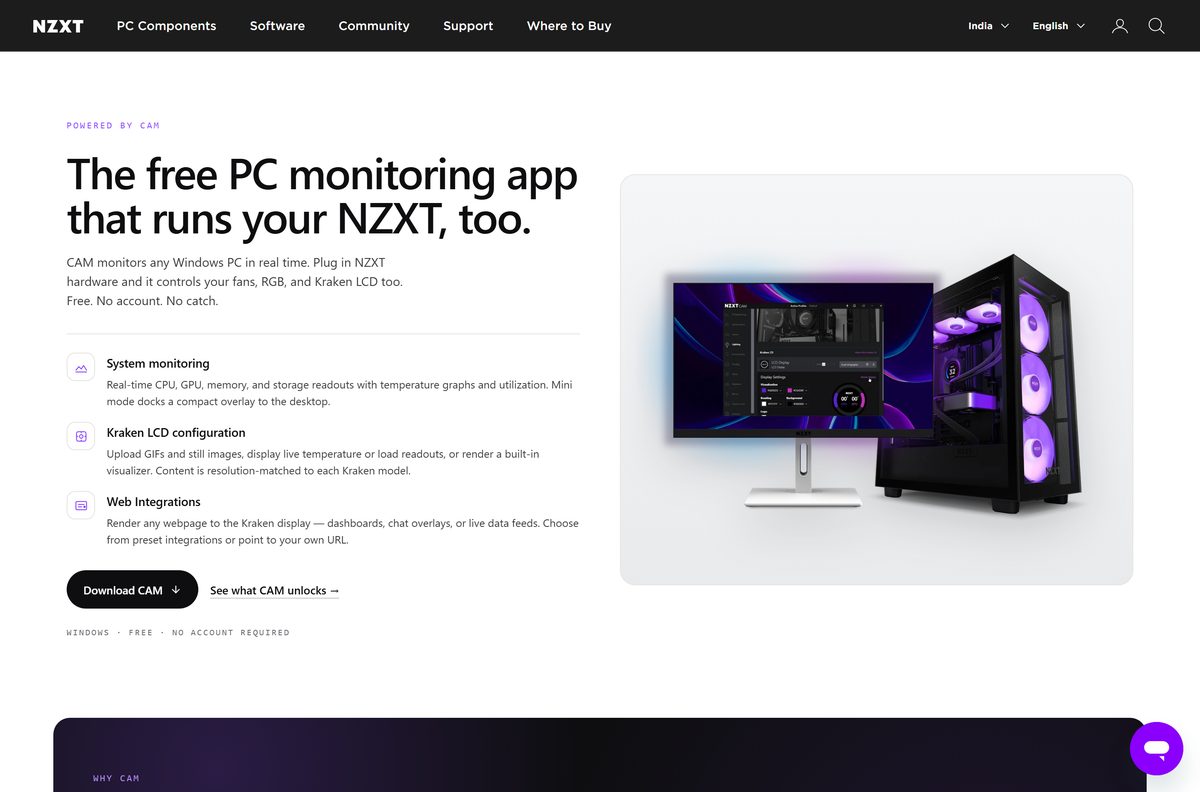Official nzxt.com product page for CAM with its Download button