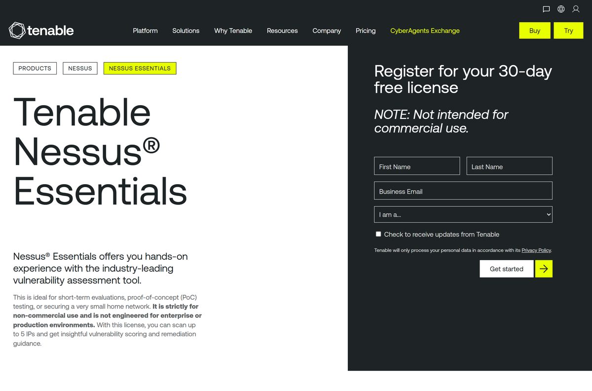 Tenable Nessus Essentials page comparing free and paid editions