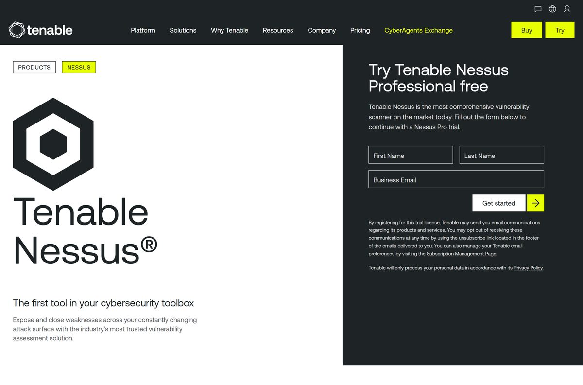 Tenable Nessus product page listing Professional and Expert trials