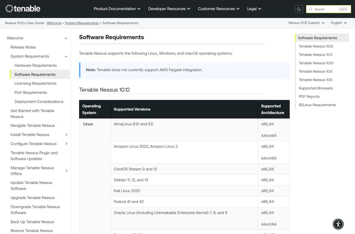 Tenable Nessus software requirements listing supported operating systems
