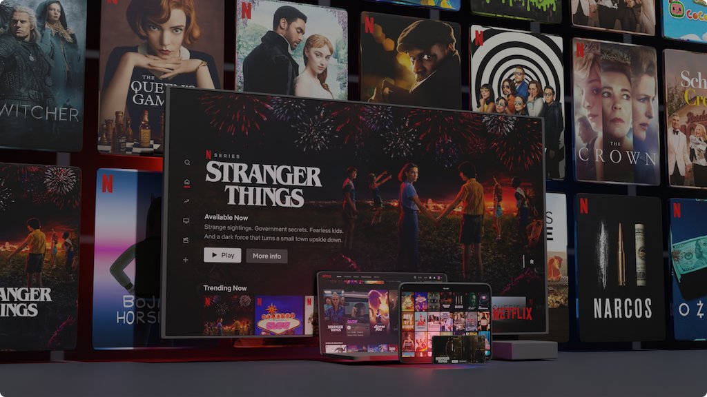 Netflix Stranger Things title screen shown across TV, laptop and phone