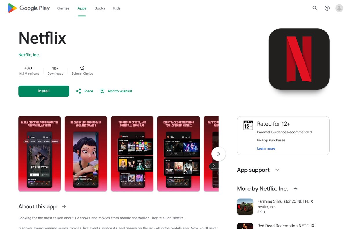 Netflix app listing on the Google Play Store with the Install button