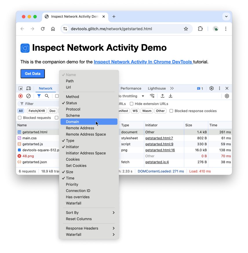 Network panel column menu with the Method checkbox unchecked
