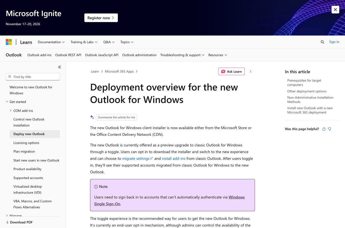 Microsoft Learn deployment guide listing the offline MSIX packages for new Outlook