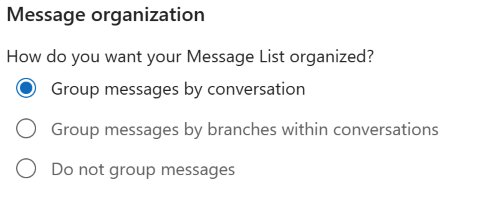New Outlook message organization settings with grouped by conversation selected