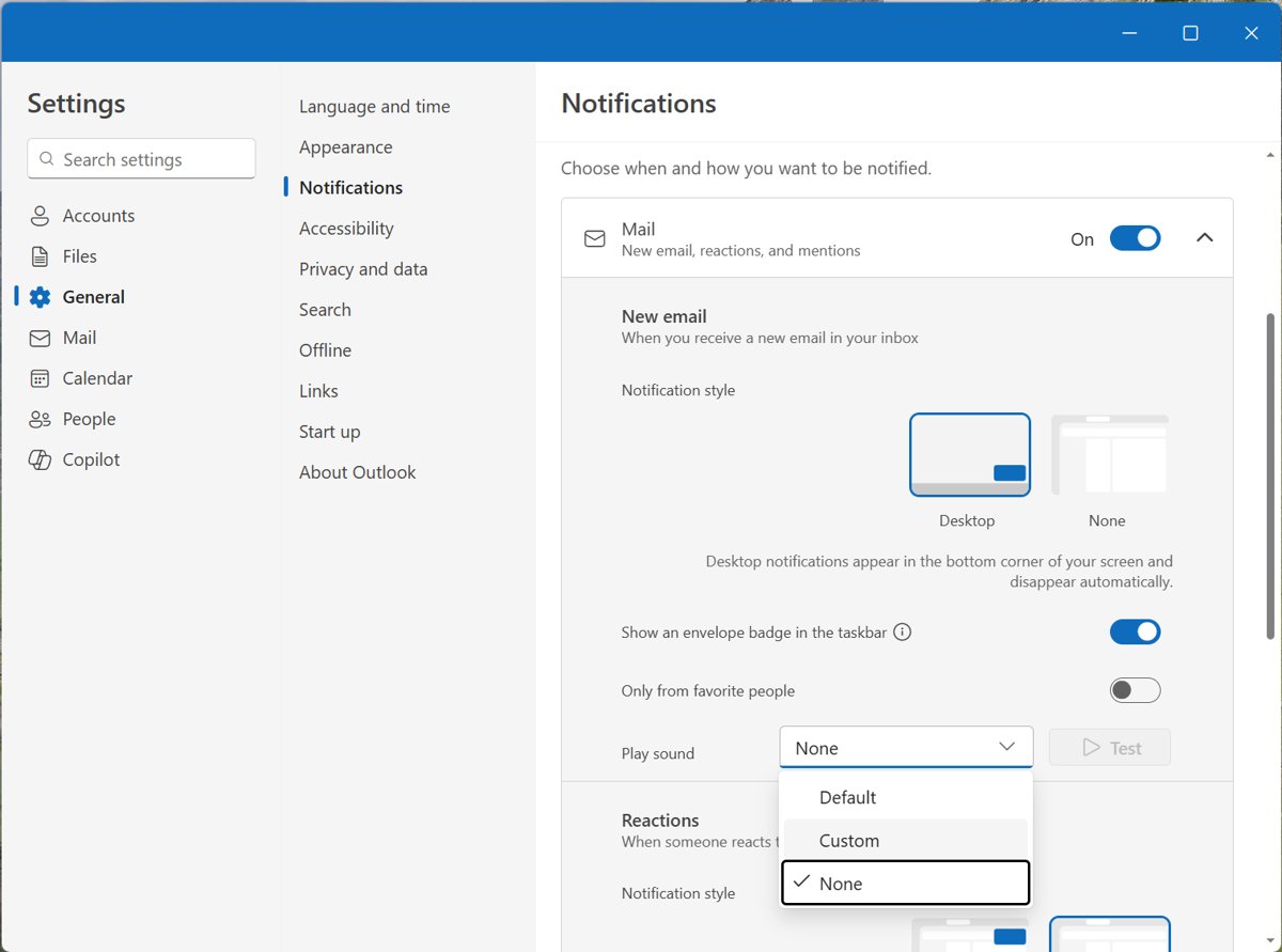 New Outlook notification settings page with the Mail toggle on