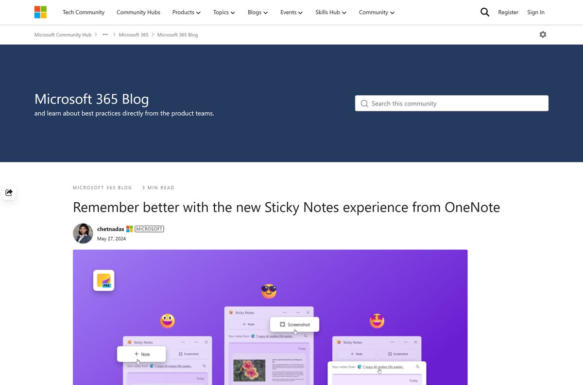 Microsoft 365 blog post announcing the new Sticky Notes view in OneNote