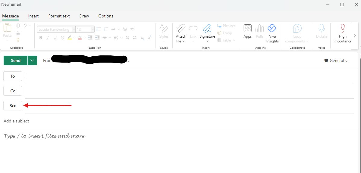 New email compose window with a Bcc button below To and Cc