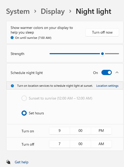 Night light page with Strength slider and Set hours schedule enabled