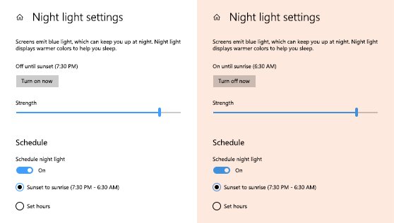Night light settings screen with schedule set to Sunset to sunrise