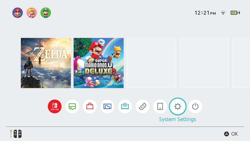 Nintendo Switch HOME Menu with System Settings highlighted at the bottom