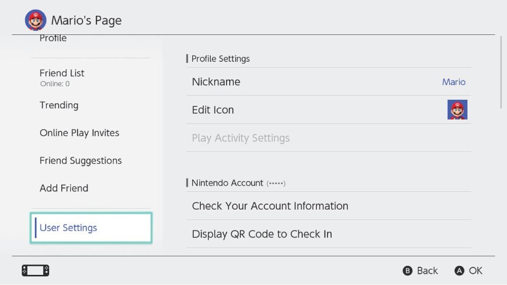 Nintendo Switch User Settings page listing Nickname, Edit Icon and Play Activity Settings