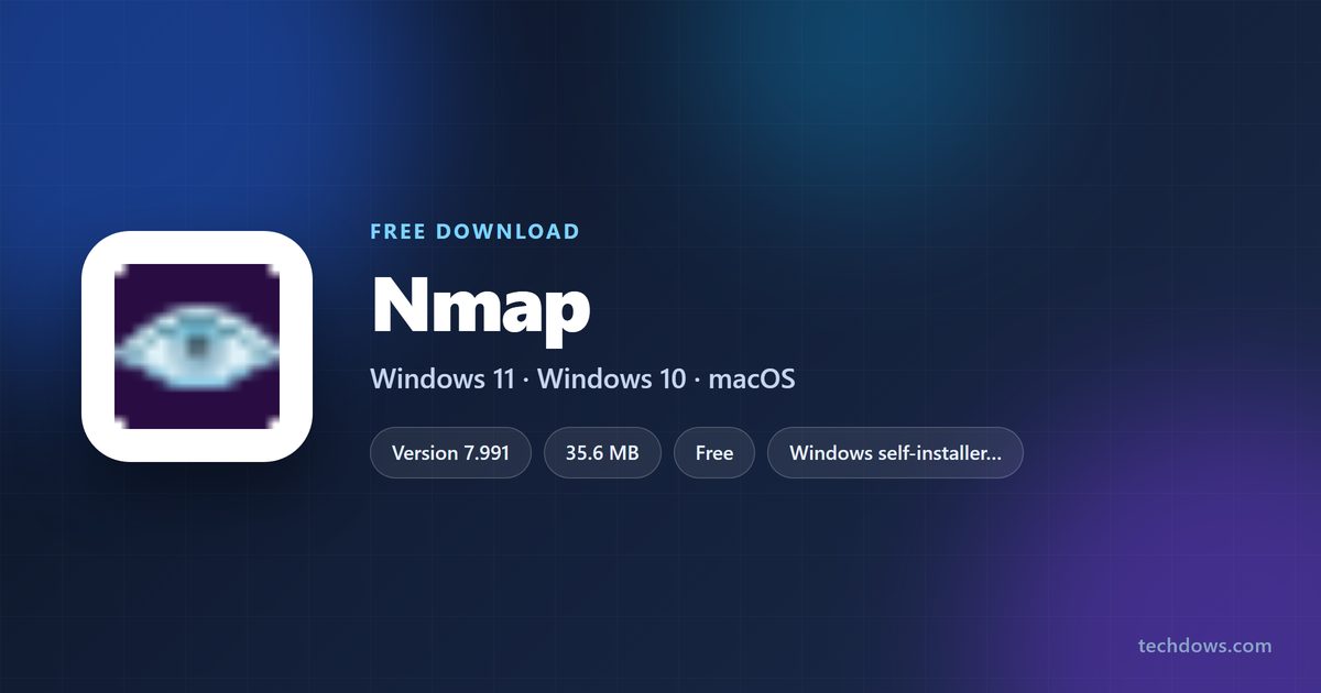 Nmap spec card with version, sizes, license and supported systems