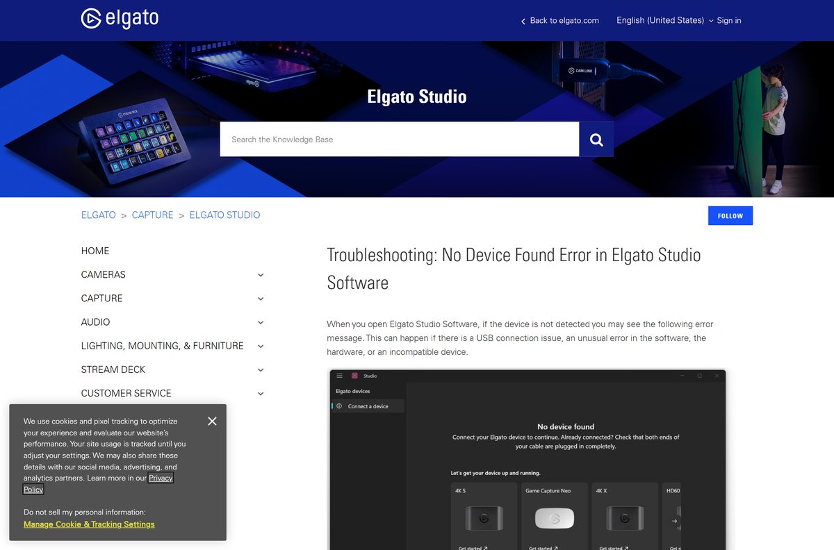 Elgato help article on the Studio No Device Found error