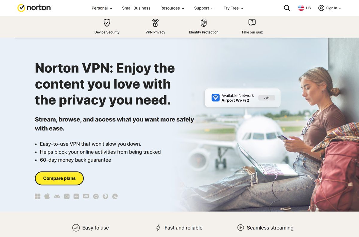 Norton VPN plan cards for Standard, Plus and Ultimate with pricing