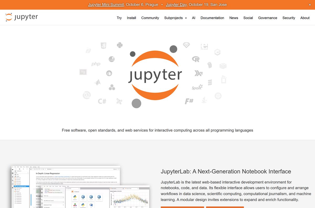 Project Jupyter homepage comparing the Notebook and JupyterLab interfaces
