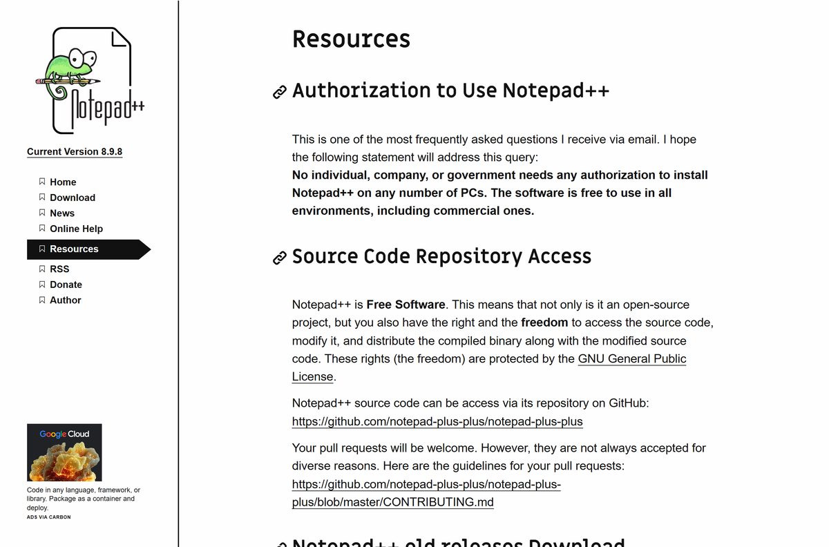 Notepad++ resources page showing the code signing and GPG key details