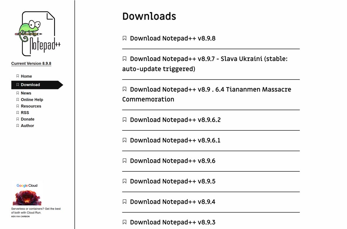 Official Notepad++ downloads index listing releases newest first