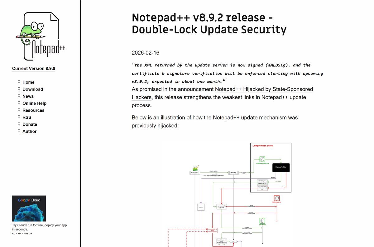 Notepad++ release post describing the double-lock update security