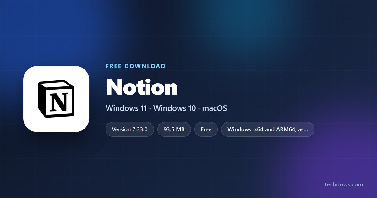 Notion app card with version, download size and supported systems