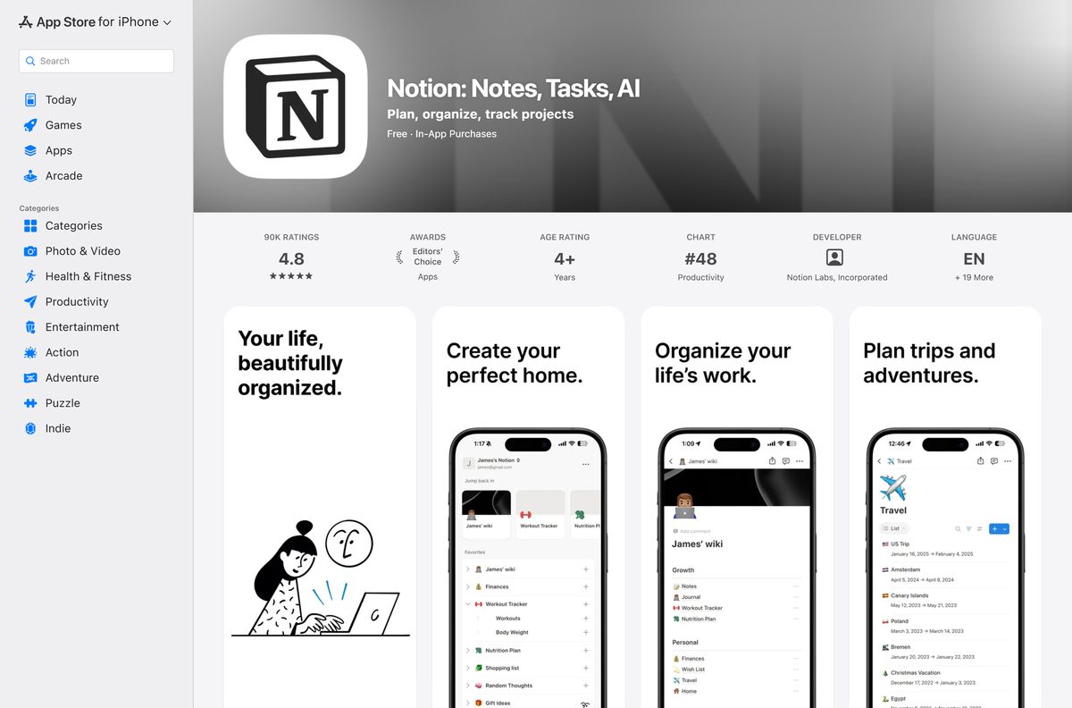 App Store page for Notion on iPhone and iPad