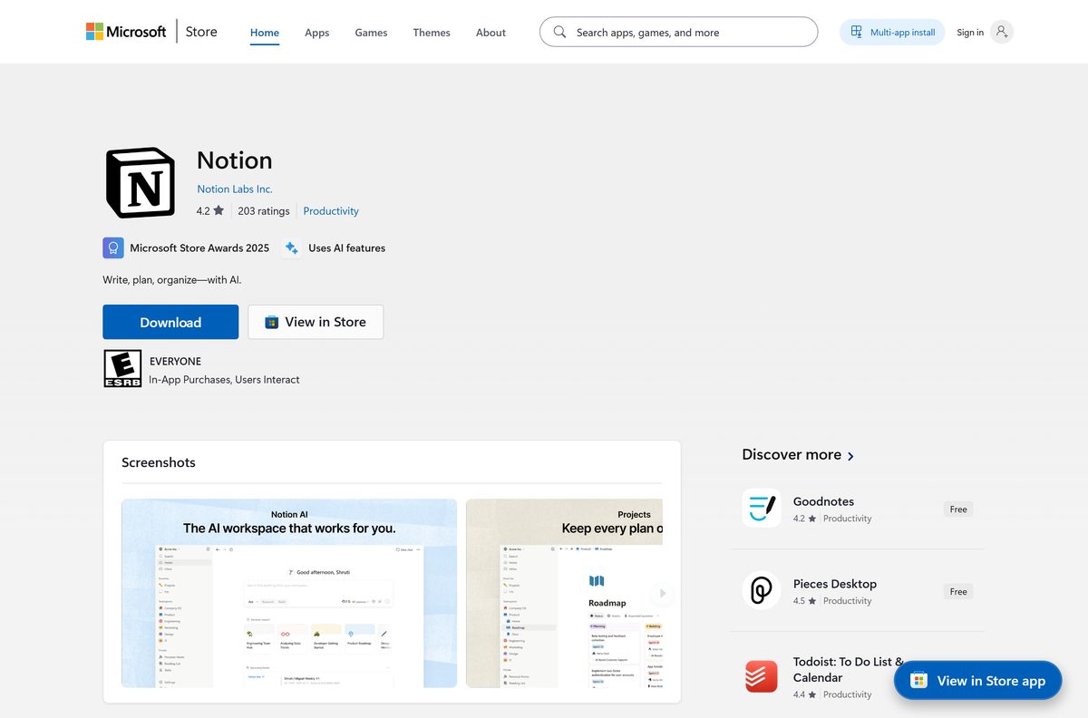 Microsoft Store listing for Notion with its publisher and Get button