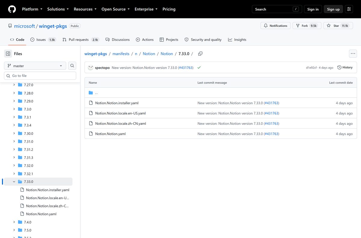 Winget repository folder holding the Notion installer manifest files