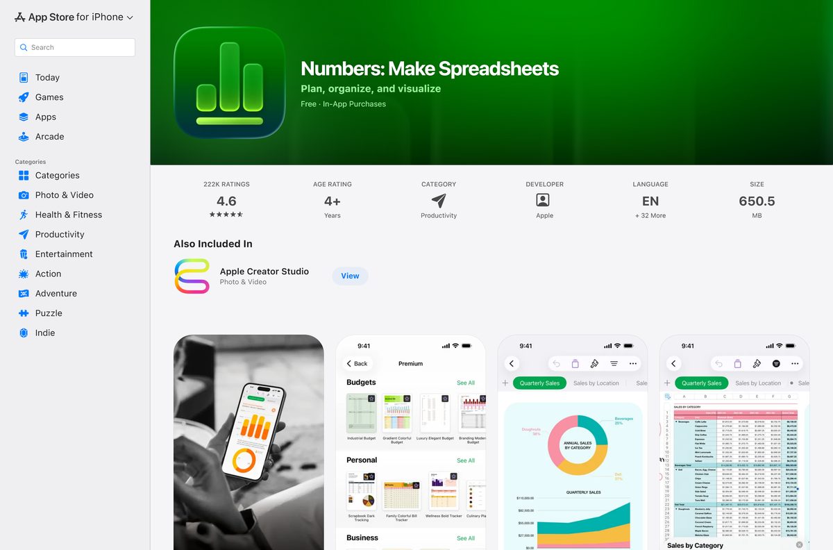 App Store page for Numbers with its price, size and rating