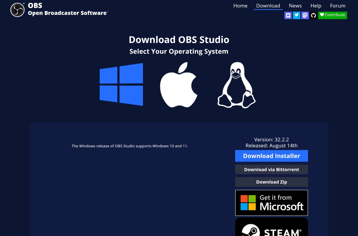 OBS download page offering the Windows installer and the zip build