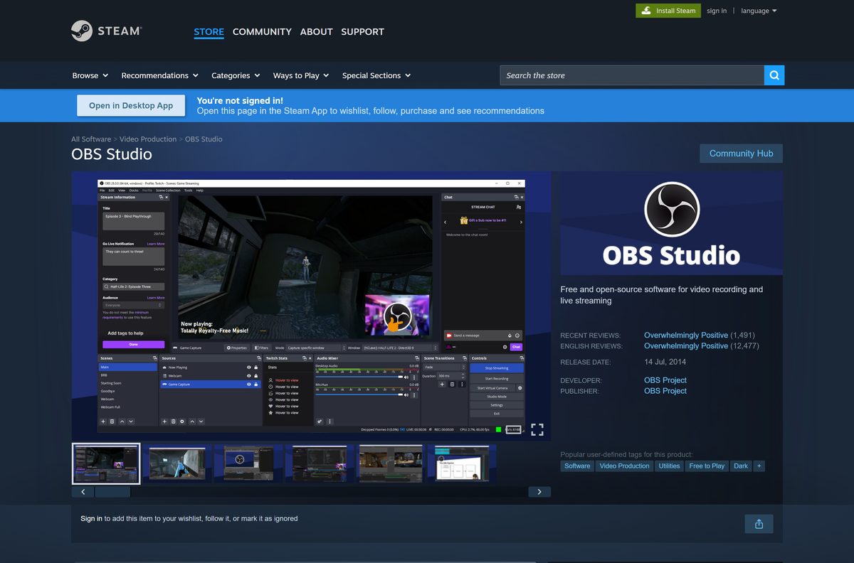 Steam store page for OBS Studio published by OBS Project