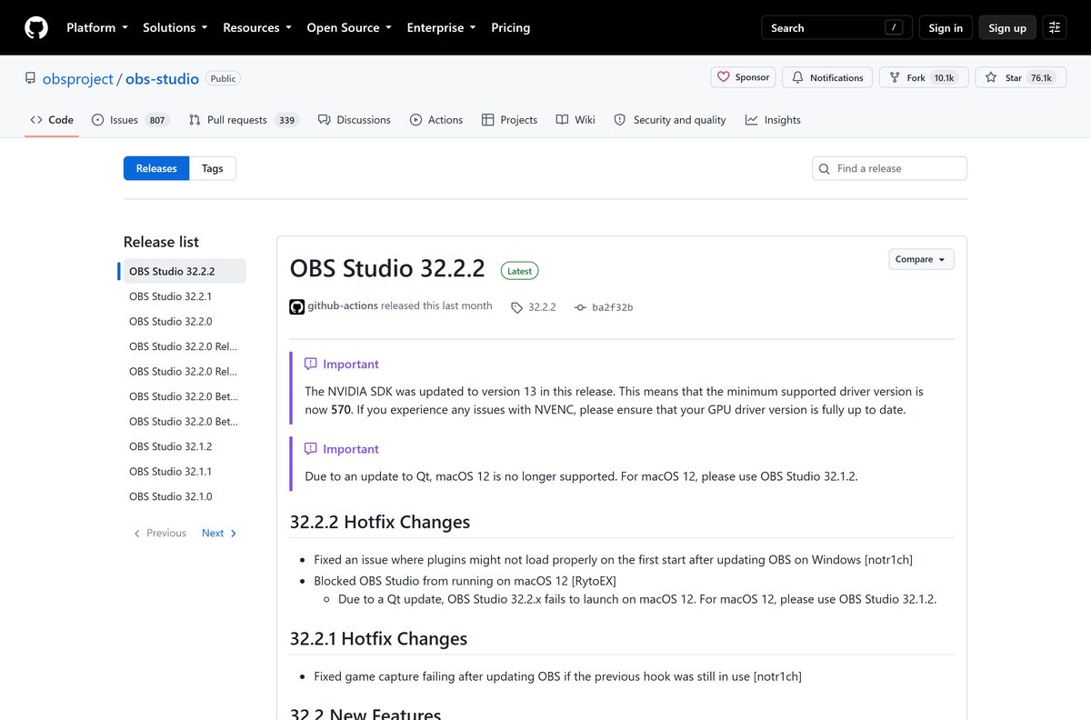 GitHub release page listing every OBS Studio build and its assets