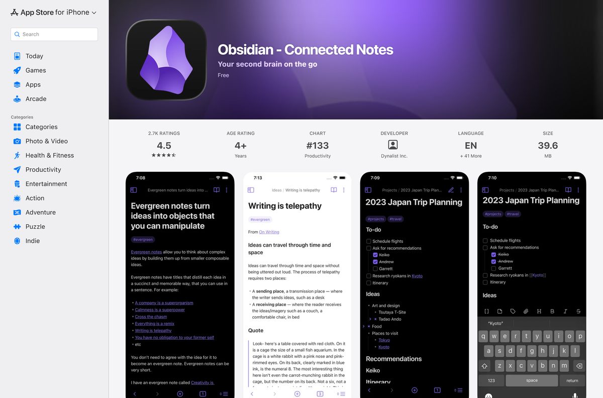 App Store listing for Obsidian with its rating and size