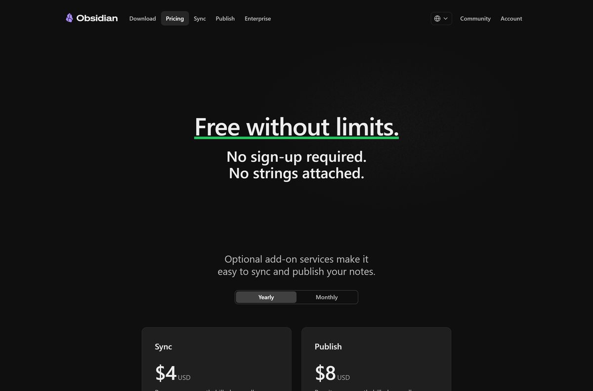 Obsidian pricing page with Sync, Publish and license costs