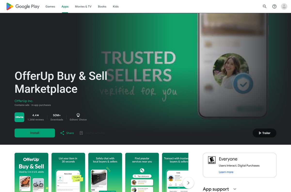 Google Play listing for OfferUp with rating and downloads