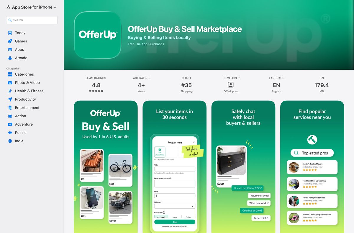 App Store listing for OfferUp with size and ratings