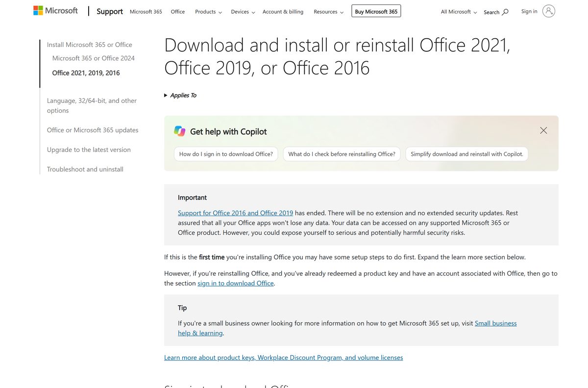 Microsoft support page listing the retail install steps