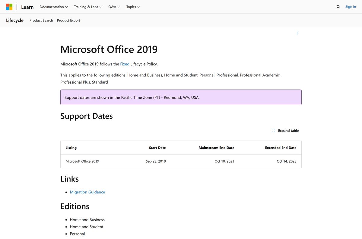 Microsoft Lifecycle table showing the Office 2019 support dates