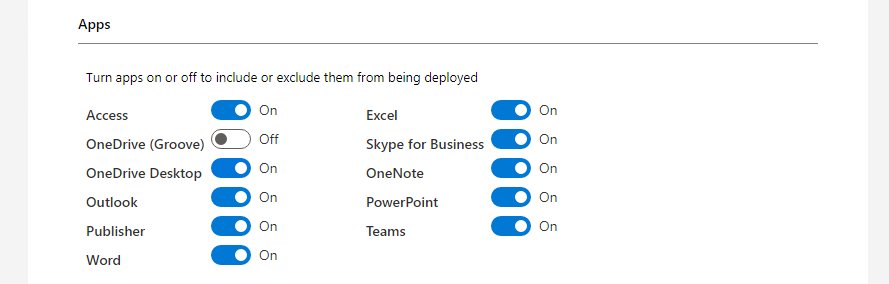 Office Customization Tool Apps panel with OneDrive Groove toggled off