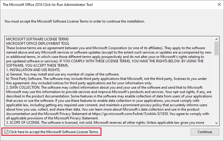 Office Deployment Tool installer with the license terms checkbox selected