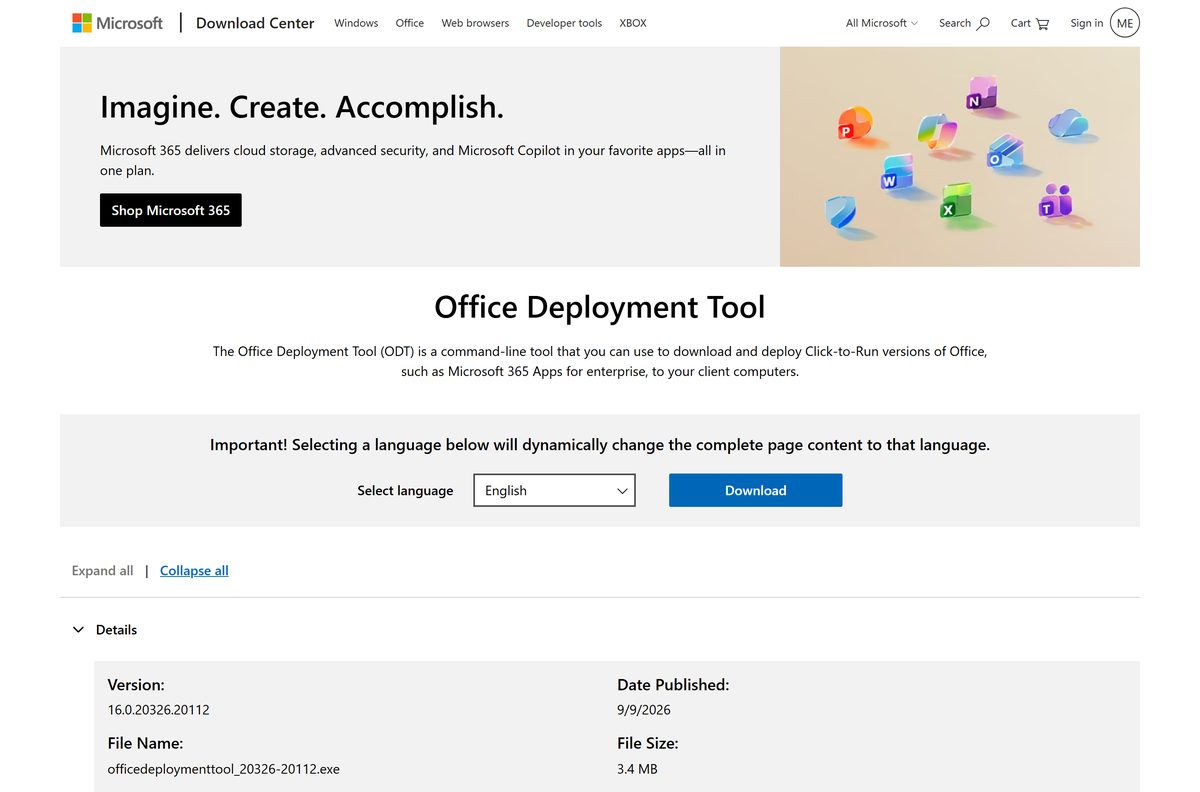 Office Deployment Tool download page listing its version and file size