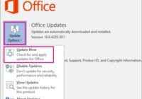Office Product Information panel with Update Options menu showing Update Now