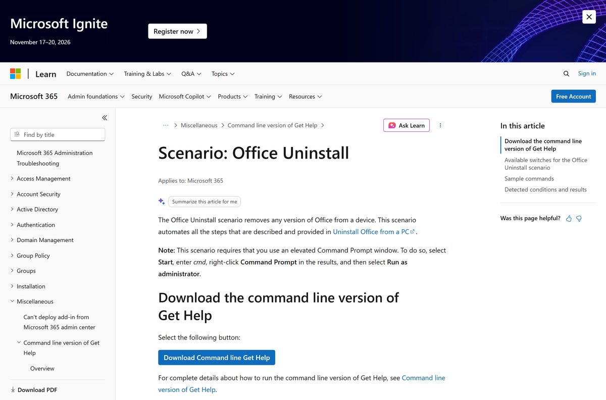 Office Uninstall scenario switches and sample commands on Microsoft Learn