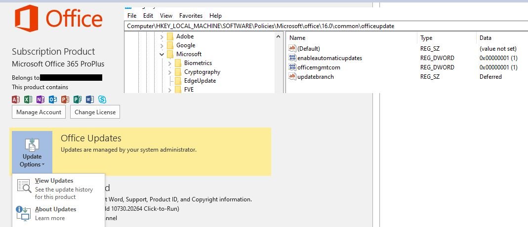 Office Updates panel reading Updates are managed by your system administrator
