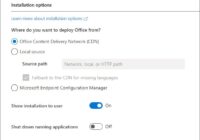 Office deployment options screen choosing between CDN and local source