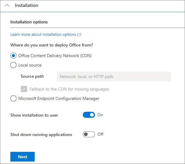Office deployment options screen choosing between CDN and local source