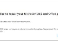 Office repair dialog with Online Repair selected over Quick Repair