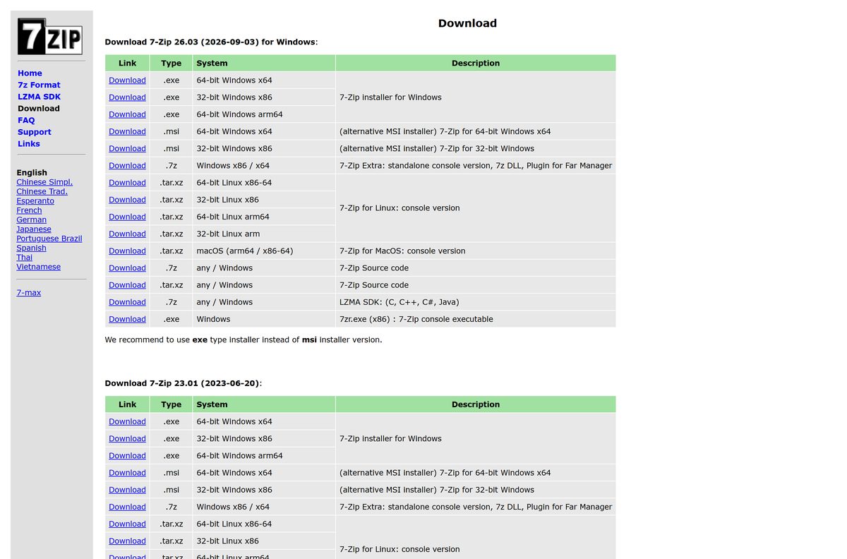 Official 7-Zip download page listing EXE, MSI and console builds
