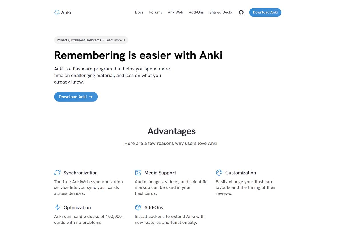 Official Anki download page listing Windows, macOS and Linux builds